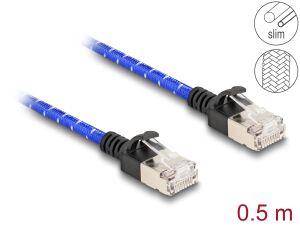 Delock RJ45 Netzwerkkabel mit Geflechtmantel Cat.6A U/FTP Slim 0,5 m blau