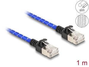 Delock RJ45 Netzwerkkabel mit Geflechtmantel Cat.6A U/FTP Slim 1 m blau