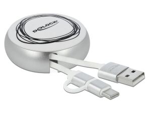 Delock USB 2 in 1 Aufrollkabel Typ-A zu Micro-B und USB-C™ weiß / silber
