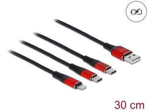 Delock USB Ladekabel 3 in 1 Typ-A zu Lightning™ / 2 x USB Type-C™ 30 cm schwarz / rot