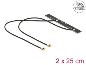 Delock Dualband WLAN WiFi 6 Doppelantenne 2 x I-PEX Inc., MHF® I Stecker 5 dBi 2 x 50 cm PCB intern Klebemontage