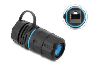 Delock Kabelverbinder RJ45 Buchse zu RJ45 Buchse Cat.6A mit M23,5 x 1,5 mm Gewinde und Verschlusskappe mit Gehäuse IP68 staub- und wasserdicht