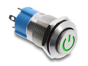 Delock Drucktaster zum Einbau 12 mm 4 x Lötanschluss LED grün Powersymbol hoch tastend