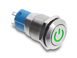 Delock Drucktaster zum Einbau 12 mm 4 x Lötanschluss LED grün Powersymbol tastend