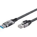 Goobay Ethernet-Kabel USB-A 3.2 Gen1 Stecker > RJ-45 Stecker (schwarz/silber, 10 Meter, geflochtener Textilmantel)