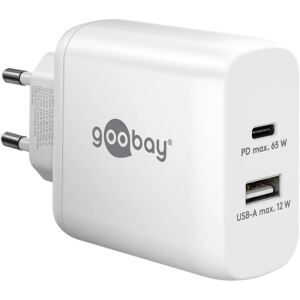 Goobay USB-C Dual-Schnellladegerät, PD, GaN, 65 Watt (weiß, 1x USB-C, 1x USB-A, Power Delivery)