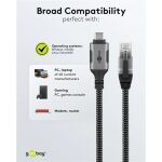 Goobay Ethernet-Kabel USB-C 3.2 Gen2 Stecker > RJ-45 Stecker (schwarz/silber, 1,5 Meter, geflochtener Textilmantel)