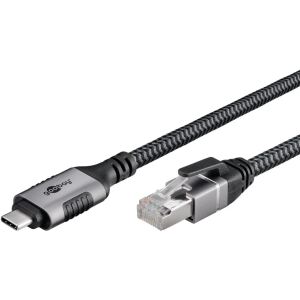 Goobay Ethernet-Kabel USB-C 3.2 Gen2 Stecker > RJ-45 Stecker (schwarz/silber, 3 Meter, geflochtener Textilmantel)