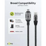 Goobay Ethernet-Kabel USB-C 3.2 Gen2 Stecker > RJ-45 Stecker (schwarz/silber, 3 Meter, geflochtener Textilmantel)