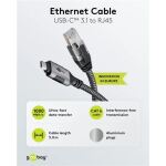 Goobay Ethernet-Kabel USB-C 3.2 Gen2 Stecker > RJ-45 Stecker (schwarz/silber, 3 Meter, geflochtener Textilmantel)