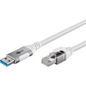 Goobay Ethernet-Kabel USB-A 3.2 Gen1 Stecker > RJ-45 Stecker (weiß, 10 Meter, geflochtener Textilmantel)