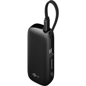 Goobay Powerbank 5.000 mAh, integriertes USB-C Kabel 13cm, 20 Watt (schwarz, 5 Ah, 1x USB-A, 1x USB-C, PD, QC)