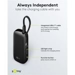 Goobay Powerbank 5.000 mAh, integriertes USB-C Kabel 13cm, 20 Watt (schwarz, 5 Ah, 1x USB-A, 1x USB-C, PD, QC)