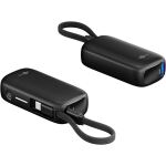 Goobay Powerbank 5.000 mAh, integriertes USB-C Kabel 13cm, 20 Watt (schwarz, 5 Ah, 1x USB-A, 1x USB-C, PD, QC)