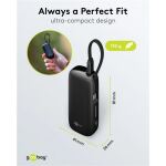 Goobay Powerbank 5.000 mAh, integriertes USB-C Kabel 13cm, 20 Watt (schwarz, 5 Ah, 1x USB-A, 1x USB-C, PD, QC)
