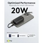 Goobay Powerbank 5.000 mAh, integriertes USB-C Kabel 13cm, 20 Watt (schwarz, 5 Ah, 1x USB-A, 1x USB-C, PD, QC)