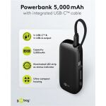 Goobay Powerbank 5.000 mAh, integriertes USB-C Kabel 13cm, 20 Watt (schwarz, 5 Ah, 1x USB-A, 1x USB-C, PD, QC)