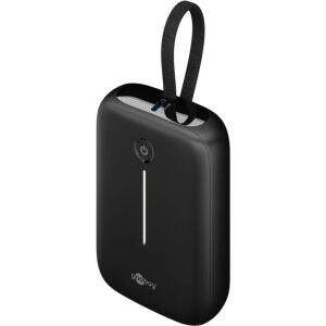 Goobay Powerbank 10.000 mAh, integriertes USB-C Kabel 13cm, 20 Watt (schwarz, 10 Ah, 1x USB-A, 2x USB-C, PD, QC)
