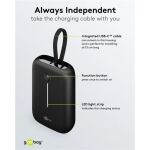 Goobay Powerbank 10.000 mAh, integriertes USB-C Kabel 13cm, 20 Watt (schwarz, 10 Ah, 1x USB-A, 2x USB-C, PD, QC)