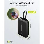 Goobay Powerbank 10.000 mAh, integriertes USB-C Kabel 13cm, 20 Watt (schwarz, 10 Ah, 1x USB-A, 2x USB-C, PD, QC)