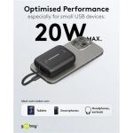 Goobay Powerbank 10.000 mAh, integriertes USB-C Kabel 13cm, 20 Watt (schwarz, 10 Ah, 1x USB-A, 2x USB-C, PD, QC)