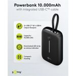 Goobay Powerbank 10.000 mAh, integriertes USB-C Kabel 13cm, 20 Watt (schwarz, 10 Ah, 1x USB-A, 2x USB-C, PD, QC)