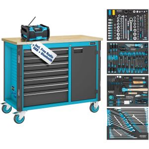 HAZET Werkbank Assistent (179NW-7/210), fahrbar, Sortiment (blau/schwarz, 210-teilig inkl. DAB Radio)