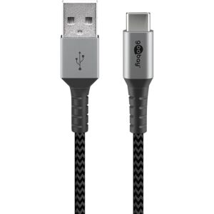 Goobay USB 2.0 Kabel, USB-A Stecker > USB-C Stecker (grau/silber, 2 Meter, Textilkabel mit Metallsteckern)