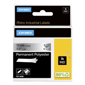 DYMO Rhino Industrie Permanente Polyesteretiketten | 12 mm x 5,5 m | Schwarz auf Metallic | selbstklebendes Schriftband | für Rhino und LabelManager Beschriftungsgerät