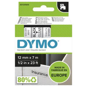 DYMO Original D1-Etikettenband | schwarz auf transparent | 12 mm x 7 m | selbstklebendes Schriftband | für LabelManager-Beschriftungsgerät