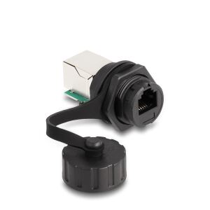 DeLOCK Kabelverbinder RJ12 Buchse zu RJ12 Buchse zum Einbau mit Verschlusskappe IP68 staub- und wasserdicht schwarz