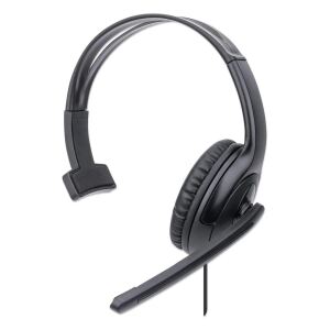 Manhattan Mono USB-Headset, Ohrumschließendes Design (Over-Ear), Ohrmuschel einseitig, kabelgebunden, USB-A-Stecker, integrierte Lautstärkeregelung, verstellbares Mikrofon, schwarz