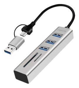 LogiLink USB 3.0 Hub, 4x USB-A, 5 Gbit/s, 2-in-1 Anschlusskabel, Silber