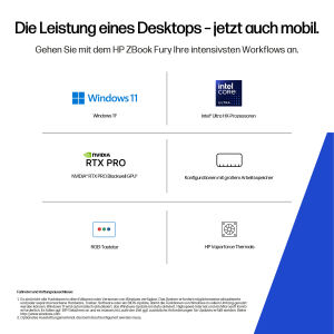 HP ZBook Fury G1i Intel Core Ultra 9 285HX Mobiler Arbeitsplatz 40,6 cm (16") 2.5K 32 GB DDR5-SDRAM 1 TB SSD NVIDIA RTX PRO 3000 Blackwell Wi-Fi 7 (802.11be) Windows 11 Pro AI Workstation, AI PC Silber