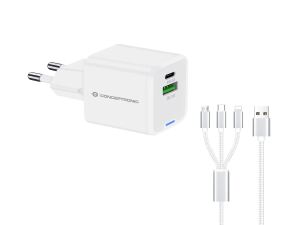 Conceptronic 2-Port 33W GaN USB-PD-Ladegerät mit 3-in-1-Ladekabel, USB-C x 1, USB-A x 1, QC 3.0, PPS