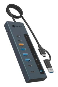 ICY BOX IB-HUB1743-CPD, 9-in-1 HUB, 7x HUB Port (3C+ 4A) mit 1x USB-C für Laden (PD 20W mit display) & 1x PD 100W (upstream to Host) USB 3.2 Gen2, 10 Gbit/s