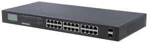 Intellinet 24-Port Gigabit Ethernet PoE+ Switch mit 2 SFP-Ports und LCD-Anzeige, LCD-Anzeige, IEEE 802.3at/af Power over Ethernet (PoE+/PoE)-konform, 370 W, Endspan, 19" Rackmount