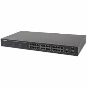 Intellinet 24-Port Gigabit Ethernet PoE+ Web-Managed Switch mit 2 SFP-Ports, 24 x PoE ports, IEEE 802.3at/af Power over Ethernet (PoE+/PoE), 2 x SFP, Endspan, PDM-Funktion, 19" Rackmount