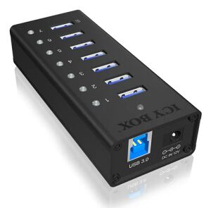 ICY BOX IB-AC618, 7 Port USB 3.2 Gen 1 Hub mit 1x Tablettladeport, Vollmetall, mit 12V 3A Netzteil, schwarz