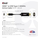 CLUB3D HDMI to USB Type-C 4K60Hz Active Cable M/M 1.8m/6 ft