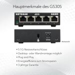 NETGEAR GS305 Switch 5 Port Gigabit Ethernet LAN Switch (Plug-and-Play Netzwerk Switch, LAN Verteiler, Hub energieffizient, lüfterlos, robustes Metallgehäuse)