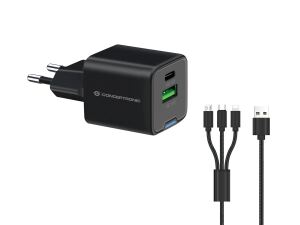 Conceptronic 2-Port 33W GaN USB-PD-Ladegerät mit 3-in-1-Ladekabel, USB-C x 1, USB-A x 1, QC 3.0, PPS