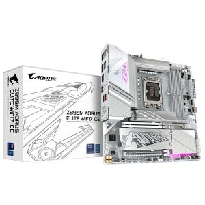 GIGABYTE Z890M AORUS ELITE WIFI7 ICE Mainboard - Unterstützt Intel Core Ultra (Serie 2) CPUs, 12+1+2 Phasen VRM, bis zu 8800MHz DDR5 (OC), 1xPCIe 5.0 + 2xPCIe 4.0, Wi-Fi 7, 2.5GbE LAN, USB 4