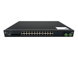 LevelOne 28-Port L2+ Managed PoE Industrial Switch, 4 x 1/2.5/10GbE SFP+, 24 PoE-Ausgänge, 370 W, 802.3af/at/bt PoE, 19" Rack-Mount, -40°C bis +80°C