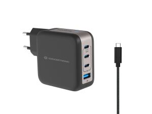 Conceptronic 4-Port 100W GaN USB-PD-Ladegerät mit USB-C-Ladekabel, USB-C x 3, USB-A x 1, QC 3.0, PPS