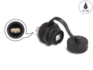 DeLOCK Kabelverbinder USB 2.0 Typ-B Buchse zu USB 2.0 Typ-A Buchse zum Einbau mit Bajonett-Verschlusskappe IP68 staub- und wasserdicht schwarz