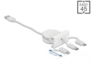 DeLOCK Easy 45 Modul USB 2.0 3 in 1 Aufrollkabel USB Typ-A zu USB-C, Micro USB und Lightning weiß