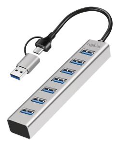 LogiLink USB 3.0 Hub, 4x USB-A, 5 Gbit/s, 2-in-1 Anschlusskabel, Silber