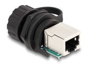 DeLOCK Kabelverbinder RJ50 Buchse zu RJ50 Buchse zum Einbau mit Verschlusskappe IP68 staub- und wasserdicht schwarz