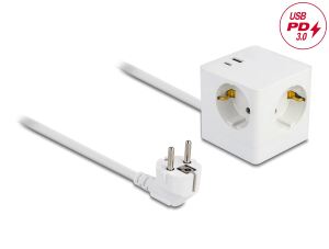DeLOCK Steckdosenwürfel mit Verlängerungskabel 3-fach mit Kindersicherung und USB PD 3.0 Ladegerät 20 W, 1,5 m Kabel, weiß